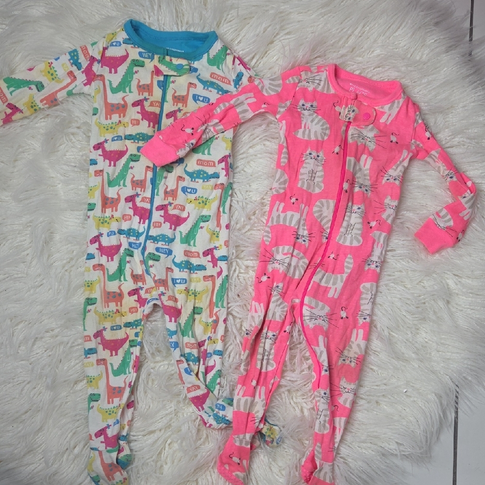 The Children's Place Multicolor Dinosaur and Pink Cat Footies Bundle Sz 9-12 M